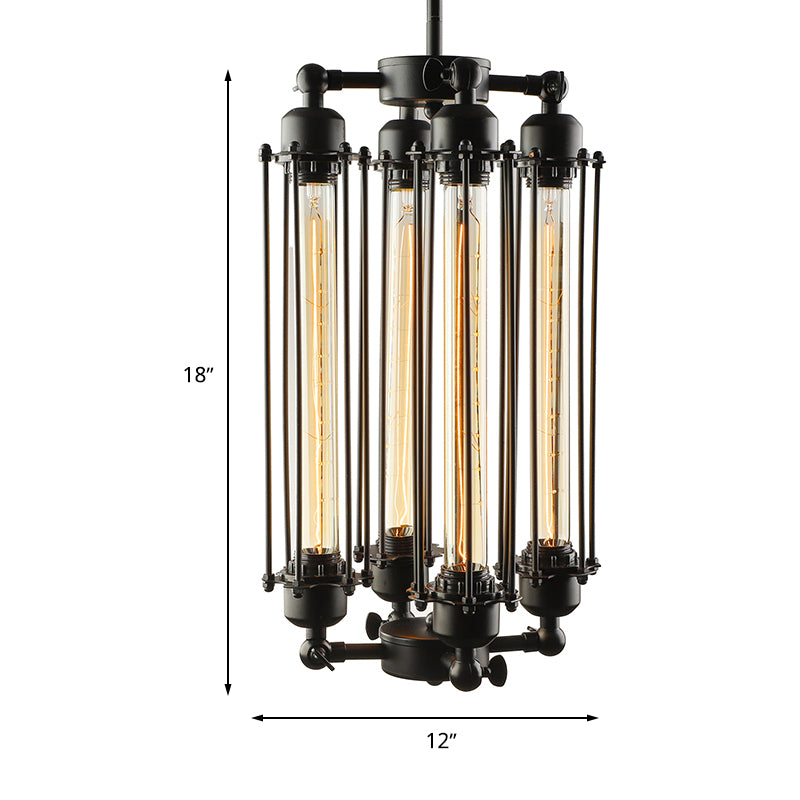 4 Lights Vertical/Horizontal Chandelier Lamp with Tube Cage Shade Iron Industrial Style Indoor Hanging Fixture in Black Clearhalo 'Cast Iron' 'Ceiling Lights' 'Chandeliers' 'Industrial Chandeliers' 'Industrial' 'Metal' 'Middle Century Chandeliers' 'Rustic Chandeliers' 'Tiffany' Lighting' 600685