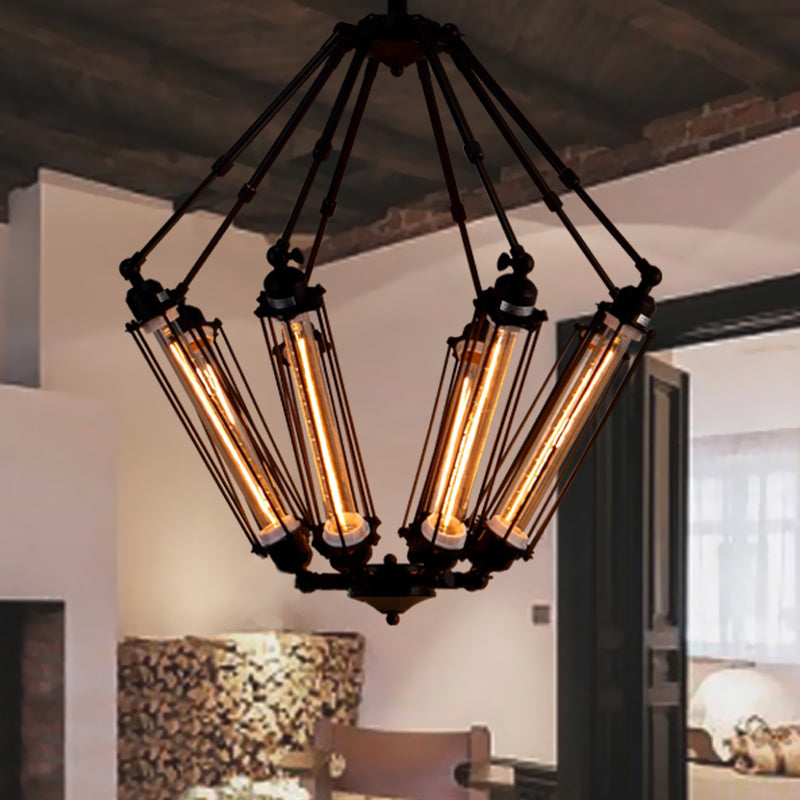 Tube Cage Metal Pendant Ceiling Lamp Industrial Style 4 Lights Indoor Chandelier Light Fixture in Black Black Clearhalo 'Cast Iron' 'Ceiling Lights' 'Chandeliers' 'Industrial Chandeliers' 'Industrial' 'Metal' 'Middle Century Chandeliers' 'Rustic Chandeliers' 'Tiffany' Lighting' 600692