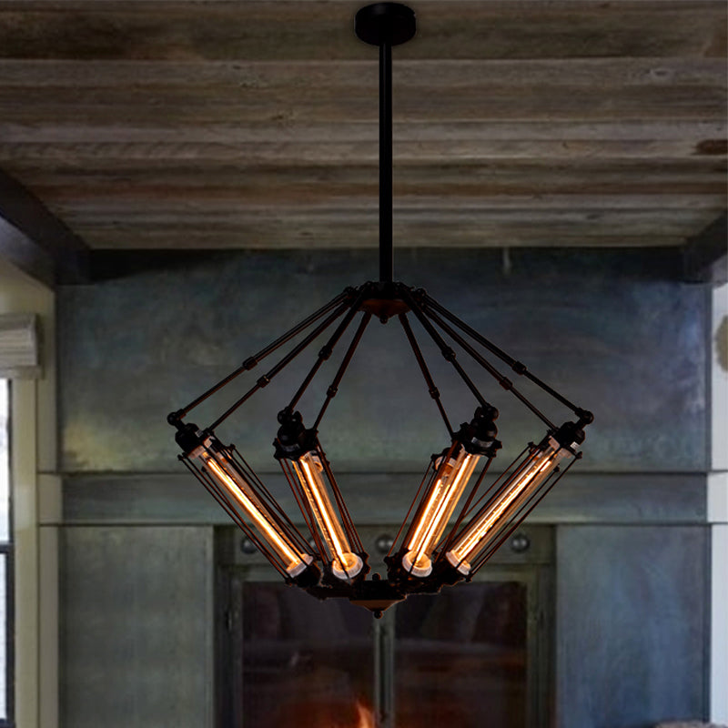 Tube Cage Metal Pendant Ceiling Lamp Industrial Style 4 Lights Indoor Chandelier Light Fixture in Black Clearhalo 'Cast Iron' 'Ceiling Lights' 'Chandeliers' 'Industrial Chandeliers' 'Industrial' 'Metal' 'Middle Century Chandeliers' 'Rustic Chandeliers' 'Tiffany' Lighting' 600693