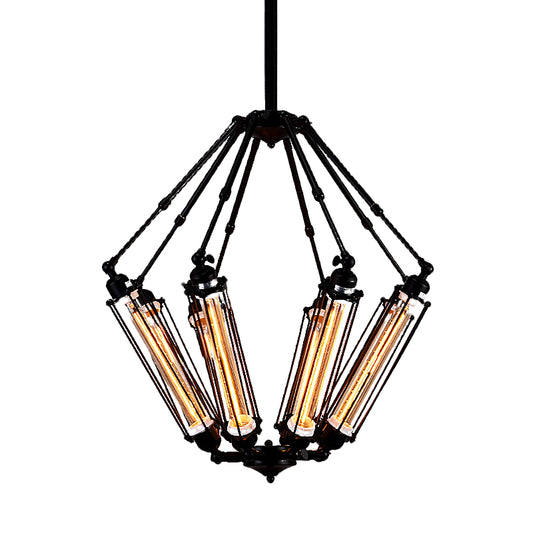 Tube Cage Metal Pendant Ceiling Lamp Industrial Style 4 Lights Indoor Chandelier Light Fixture in Black Clearhalo 'Cast Iron' 'Ceiling Lights' 'Chandeliers' 'Industrial Chandeliers' 'Industrial' 'Metal' 'Middle Century Chandeliers' 'Rustic Chandeliers' 'Tiffany' Lighting' 600694