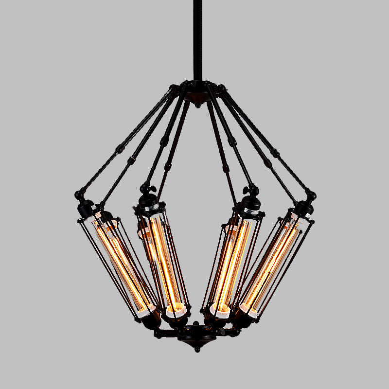 Tube Cage Metal Pendant Ceiling Lamp Industrial Style 4 Lights Indoor Chandelier Light Fixture in Black Clearhalo 'Cast Iron' 'Ceiling Lights' 'Chandeliers' 'Industrial Chandeliers' 'Industrial' 'Metal' 'Middle Century Chandeliers' 'Rustic Chandeliers' 'Tiffany' Lighting' 600695