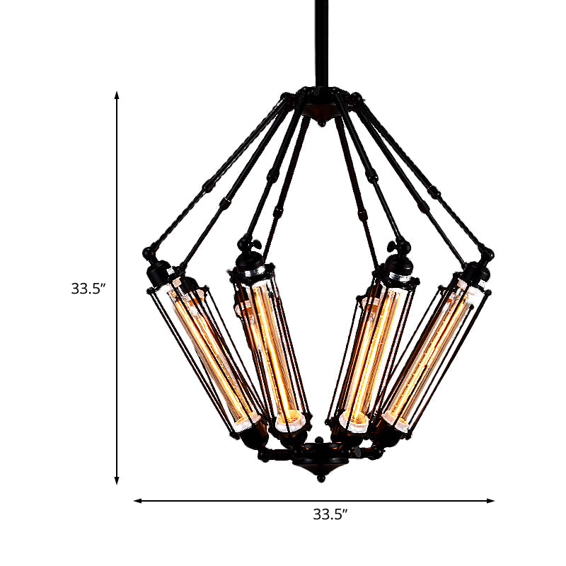 Tube Cage Metal Pendant Ceiling Lamp Industrial Style 4 Lights Indoor Chandelier Light Fixture in Black Clearhalo 'Cast Iron' 'Ceiling Lights' 'Chandeliers' 'Industrial Chandeliers' 'Industrial' 'Metal' 'Middle Century Chandeliers' 'Rustic Chandeliers' 'Tiffany' Lighting' 600696