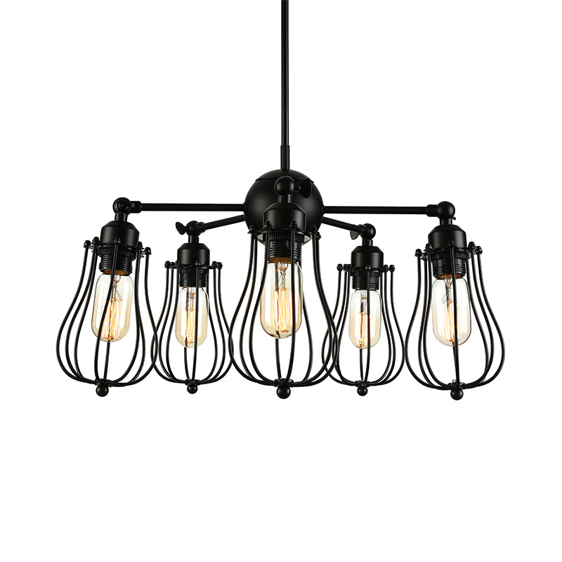 18"/25.5" W 5 Lights Chandelier Lighting Farmhouse Wire Cage Iron Ceiling Light Fixture with Bulb Shade in Black Clearhalo 'Cast Iron' 'Ceiling Lights' 'Chandeliers' 'Industrial Chandeliers' 'Industrial' 'Metal' 'Middle Century Chandeliers' 'Rustic Chandeliers' 'Tiffany' Lighting' 600719