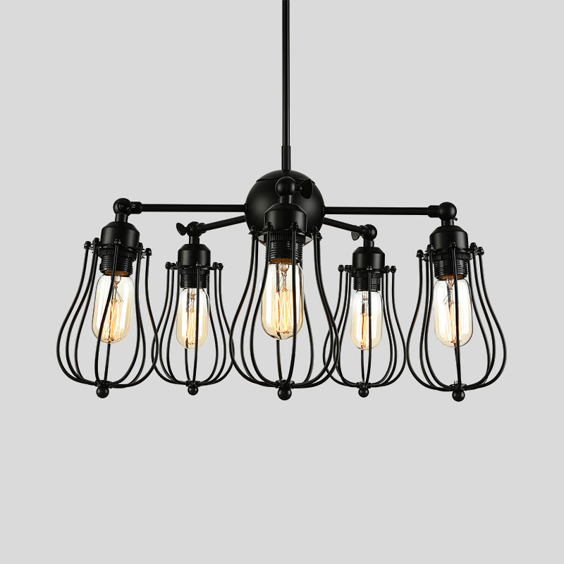 18"/25.5" W 5 Lights Chandelier Lighting Farmhouse Wire Cage Iron Ceiling Light Fixture with Bulb Shade in Black Clearhalo 'Cast Iron' 'Ceiling Lights' 'Chandeliers' 'Industrial Chandeliers' 'Industrial' 'Metal' 'Middle Century Chandeliers' 'Rustic Chandeliers' 'Tiffany' Lighting' 600720