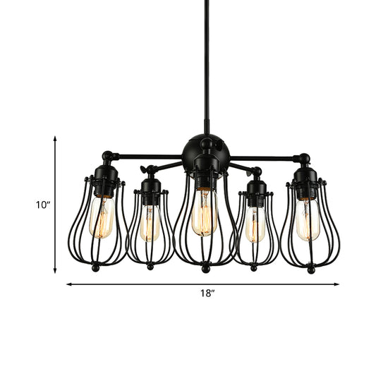 18"/25.5" W 5 Lights Chandelier Lighting Farmhouse Wire Cage Iron Ceiling Light Fixture with Bulb Shade in Black Clearhalo 'Cast Iron' 'Ceiling Lights' 'Chandeliers' 'Industrial Chandeliers' 'Industrial' 'Metal' 'Middle Century Chandeliers' 'Rustic Chandeliers' 'Tiffany' Lighting' 600721