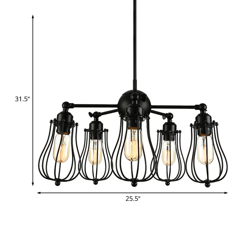 18"/25.5" W 5 Lights Chandelier Lighting Farmhouse Wire Cage Iron Ceiling Light Fixture with Bulb Shade in Black Clearhalo 'Cast Iron' 'Ceiling Lights' 'Chandeliers' 'Industrial Chandeliers' 'Industrial' 'Metal' 'Middle Century Chandeliers' 'Rustic Chandeliers' 'Tiffany' Lighting' 600722