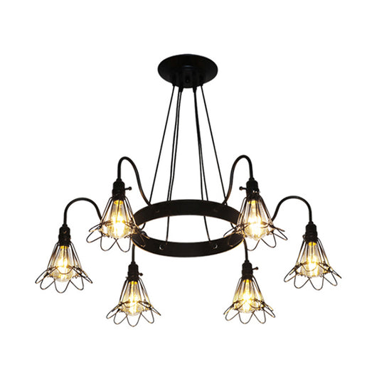3/8 Lights Chandelier Lamp Vintage Style Wire Cage Iron Ceiling Light Fixture with Petal Shade in Black Clearhalo 'Cast Iron' 'Ceiling Lights' 'Chandeliers' 'Industrial Chandeliers' 'Industrial' 'Metal' 'Middle Century Chandeliers' 'Rustic Chandeliers' 'Tiffany' Lighting' 600732