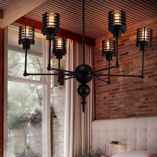 Adjustable Spider Iron Pendant Light Antique 6-Light Living Room Chandelier Lamp with Cylinder Cage Shade in Black Clearhalo 'Cast Iron' 'Ceiling Lights' 'Chandeliers' 'Industrial Chandeliers' 'Industrial' 'Metal' 'Middle Century Chandeliers' 'Rustic Chandeliers' 'Tiffany' Lighting' 600739