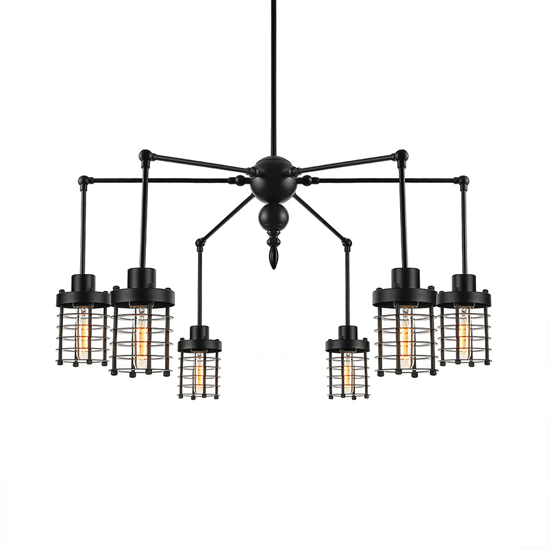 Adjustable Spider Iron Pendant Light Antique 6-Light Living Room Chandelier Lamp with Cylinder Cage Shade in Black Clearhalo 'Cast Iron' 'Ceiling Lights' 'Chandeliers' 'Industrial Chandeliers' 'Industrial' 'Metal' 'Middle Century Chandeliers' 'Rustic Chandeliers' 'Tiffany' Lighting' 600740