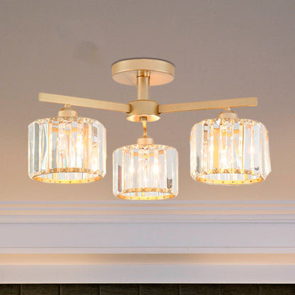 Cylindrical Shade Semi Flush Mount Nordic Crystal 3/5-Light Champagne Ceiling Lighting for Bedroom Living Room 3 Clear Clearhalo 'Ceiling Lights' 'Close To Ceiling Lights' 'Close to ceiling' 'Glass shade' 'Glass' 'Semi-flushmount' Lighting' 600815