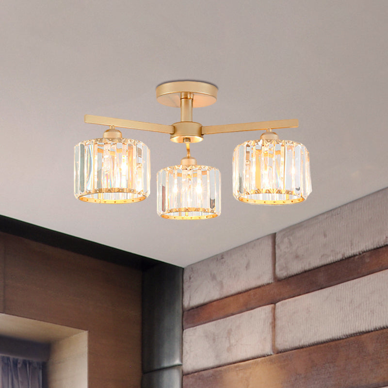 Cylindrical Shade Semi Flush Mount Nordic Crystal 3/5-Light Champagne Ceiling Lighting for Bedroom Living Room Clearhalo 'Ceiling Lights' 'Close To Ceiling Lights' 'Close to ceiling' 'Glass shade' 'Glass' 'Semi-flushmount' Lighting' 600816