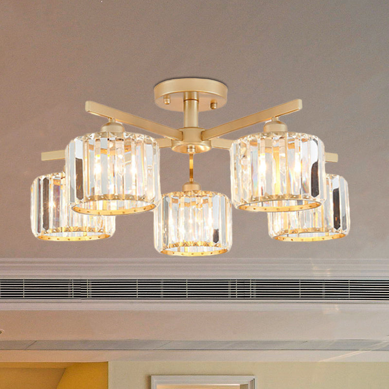 Cylindrical Shade Semi Flush Mount Nordic Crystal 3/5-Light Champagne Ceiling Lighting for Bedroom Living Room 5 Clear Clearhalo 'Ceiling Lights' 'Close To Ceiling Lights' 'Close to ceiling' 'Glass shade' 'Glass' 'Semi-flushmount' Lighting' 600820