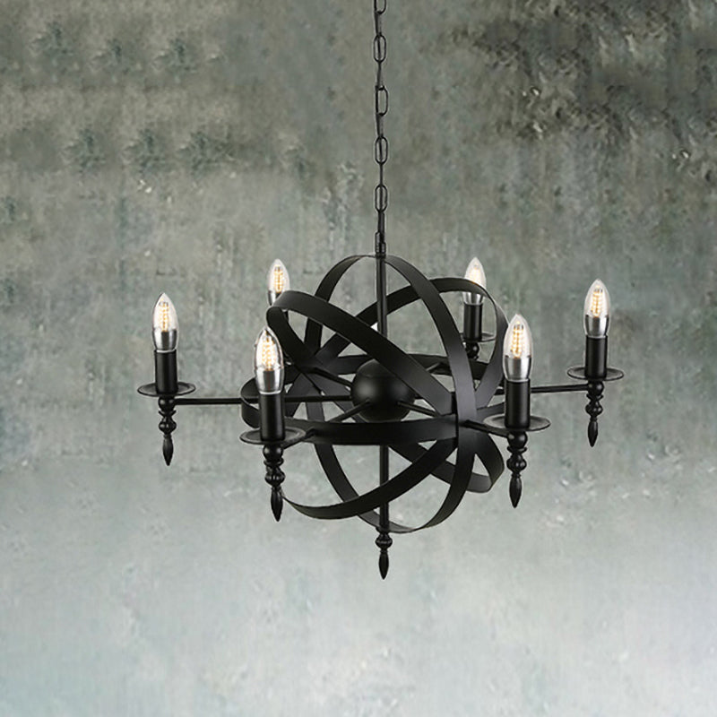 Orbit Cage Metal Pendant Lighting Fixture with Candle Design Vintage Style 6/8 Lights Indoor Chandelier in Black/Rust Clearhalo 'Cast Iron' 'Ceiling Lights' 'Chandeliers' 'Industrial Chandeliers' 'Industrial' 'Metal' 'Middle Century Chandeliers' 'Rustic Chandeliers' 'Tiffany' Lighting' 601367