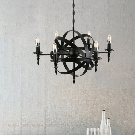 Orbit Cage Metal Pendant Lighting Fixture with Candle Design Vintage Style 6/8 Lights Indoor Chandelier in Black/Rust Clearhalo 'Cast Iron' 'Ceiling Lights' 'Chandeliers' 'Industrial Chandeliers' 'Industrial' 'Metal' 'Middle Century Chandeliers' 'Rustic Chandeliers' 'Tiffany' Lighting' 601368