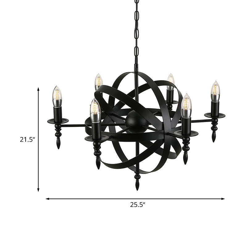 Orbit Cage Metal Pendant Lighting Fixture with Candle Design Vintage Style 6/8 Lights Indoor Chandelier in Black/Rust Clearhalo 'Cast Iron' 'Ceiling Lights' 'Chandeliers' 'Industrial Chandeliers' 'Industrial' 'Metal' 'Middle Century Chandeliers' 'Rustic Chandeliers' 'Tiffany' Lighting' 601370