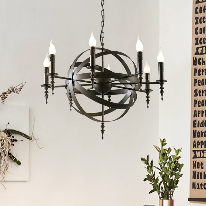 Orbit Cage Metal Pendant Lighting Fixture with Candle Design Vintage Style 6/8 Lights Indoor Chandelier in Black/Rust Clearhalo 'Cast Iron' 'Ceiling Lights' 'Chandeliers' 'Industrial Chandeliers' 'Industrial' 'Metal' 'Middle Century Chandeliers' 'Rustic Chandeliers' 'Tiffany' Lighting' 601372