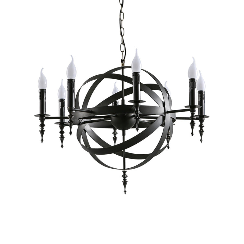 Orbit Cage Metal Pendant Lighting Fixture with Candle Design Vintage Style 6/8 Lights Indoor Chandelier in Black/Rust Clearhalo 'Cast Iron' 'Ceiling Lights' 'Chandeliers' 'Industrial Chandeliers' 'Industrial' 'Metal' 'Middle Century Chandeliers' 'Rustic Chandeliers' 'Tiffany' Lighting' 601373