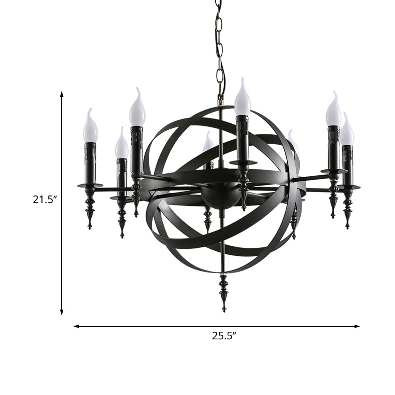Orbit Cage Metal Pendant Lighting Fixture with Candle Design Vintage Style 6/8 Lights Indoor Chandelier in Black/Rust Clearhalo 'Cast Iron' 'Ceiling Lights' 'Chandeliers' 'Industrial Chandeliers' 'Industrial' 'Metal' 'Middle Century Chandeliers' 'Rustic Chandeliers' 'Tiffany' Lighting' 601374