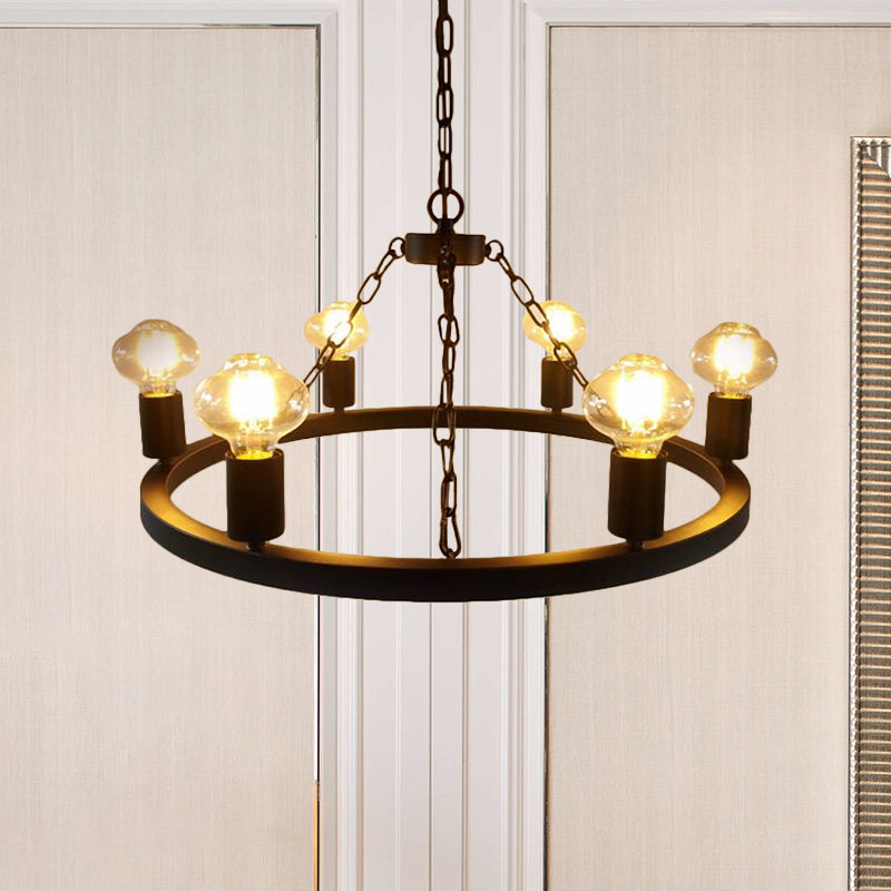 Farmhouse Ring Chandelier Lamp with Exposed Bulb 6 Bulbs Metallic Ceiling Lighting in Black for Living Room Clearhalo 'Cast Iron' 'Ceiling Lights' 'Chandeliers' 'Industrial Chandeliers' 'Industrial' 'Metal' 'Middle Century Chandeliers' 'Rustic Chandeliers' 'Tiffany' Lighting' 601382