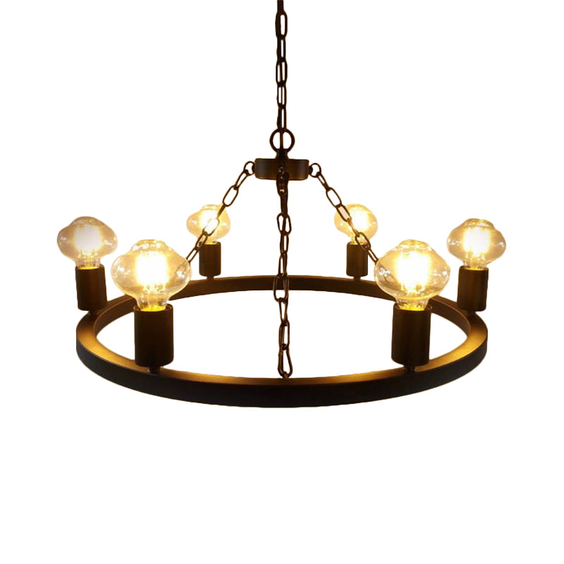Farmhouse Ring Chandelier Lamp with Exposed Bulb 6 Bulbs Metallic Ceiling Lighting in Black for Living Room Clearhalo 'Cast Iron' 'Ceiling Lights' 'Chandeliers' 'Industrial Chandeliers' 'Industrial' 'Metal' 'Middle Century Chandeliers' 'Rustic Chandeliers' 'Tiffany' Lighting' 601383