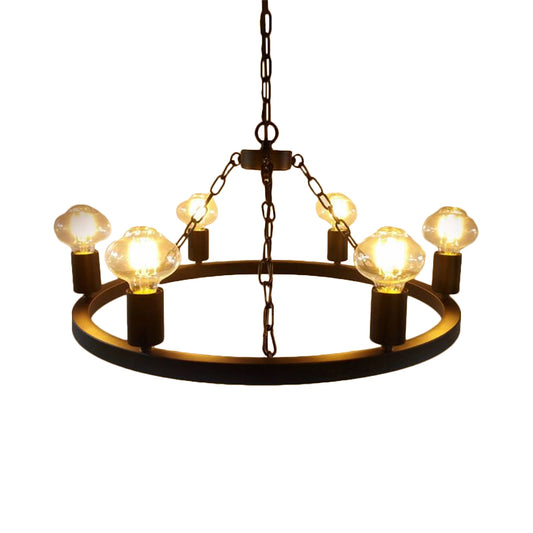 Farmhouse Ring Chandelier Lamp with Exposed Bulb 6 Bulbs Metallic Ceiling Lighting in Black for Living Room Clearhalo 'Cast Iron' 'Ceiling Lights' 'Chandeliers' 'Industrial Chandeliers' 'Industrial' 'Metal' 'Middle Century Chandeliers' 'Rustic Chandeliers' 'Tiffany' Lighting' 601383