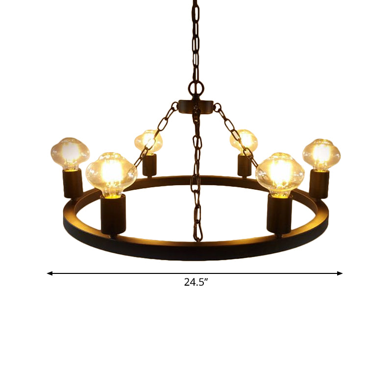 Farmhouse Ring Chandelier Lamp with Exposed Bulb 6 Bulbs Metallic Ceiling Lighting in Black for Living Room Clearhalo 'Cast Iron' 'Ceiling Lights' 'Chandeliers' 'Industrial Chandeliers' 'Industrial' 'Metal' 'Middle Century Chandeliers' 'Rustic Chandeliers' 'Tiffany' Lighting' 601384