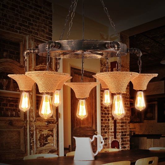 Rope Beige Chandelier Lighting Bare Bulb Multi Light Country Style Hanging Lamp with Flared Shade for Living Room Clearhalo 'Cast Iron' 'Ceiling Lights' 'Chandeliers' 'Industrial Chandeliers' 'Industrial' 'Metal' 'Middle Century Chandeliers' 'Rustic Chandeliers' 'Tiffany' Lighting' 601386