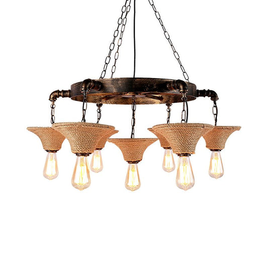Rope Beige Chandelier Lighting Bare Bulb Multi Light Country Style Hanging Lamp with Flared Shade for Living Room Clearhalo 'Cast Iron' 'Ceiling Lights' 'Chandeliers' 'Industrial Chandeliers' 'Industrial' 'Metal' 'Middle Century Chandeliers' 'Rustic Chandeliers' 'Tiffany' Lighting' 601388