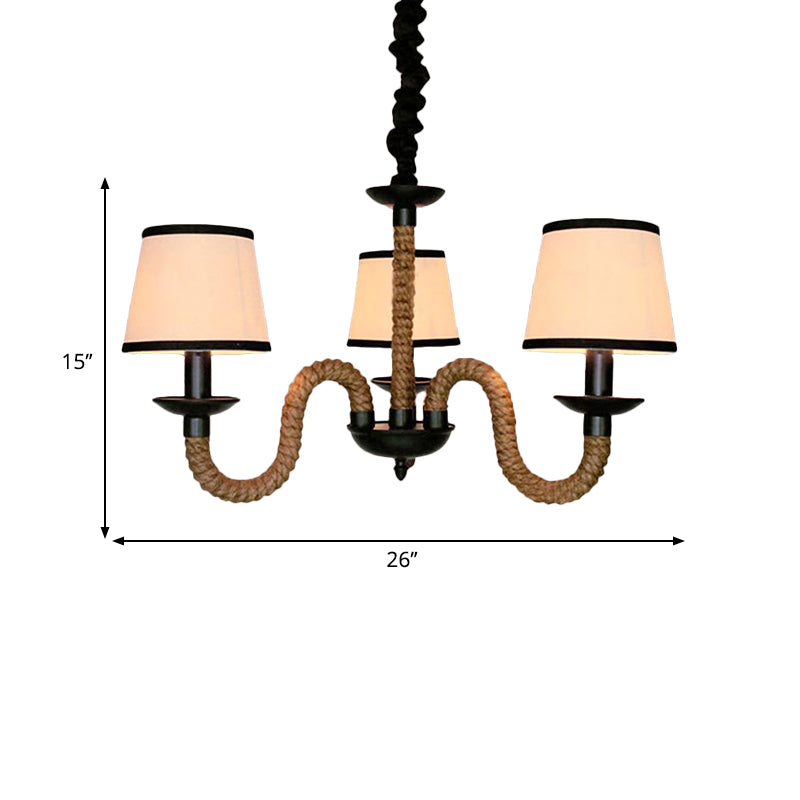 3-Light Pendant Lighting Loft Style Conic Shade Fabric Ceiling Light Fixture with Rope Detail in Beige Clearhalo 'Ceiling Lights' 'Chandeliers' 'Industrial Chandeliers' 'Industrial' 'Middle Century Chandeliers' 'Tiffany' Lighting' 601394