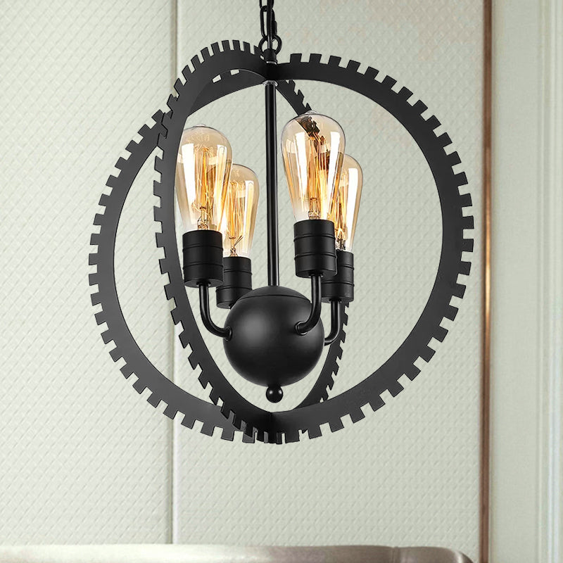 4 Heads Circle Frame Chandelier Light Fixture Rustic Industrial Black/Rust Iron Ceiling Lighting with Gear Design Clearhalo 'Cast Iron' 'Ceiling Lights' 'Chandeliers' 'Industrial Chandeliers' 'Industrial' 'Metal' 'Middle Century Chandeliers' 'Rustic Chandeliers' 'Tiffany' Lighting' 601396