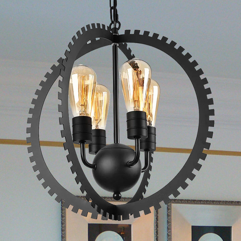 4 Heads Circle Frame Chandelier Light Fixture Rustic Industrial Black/Rust Iron Ceiling Lighting with Gear Design Clearhalo 'Cast Iron' 'Ceiling Lights' 'Chandeliers' 'Industrial Chandeliers' 'Industrial' 'Metal' 'Middle Century Chandeliers' 'Rustic Chandeliers' 'Tiffany' Lighting' 601397