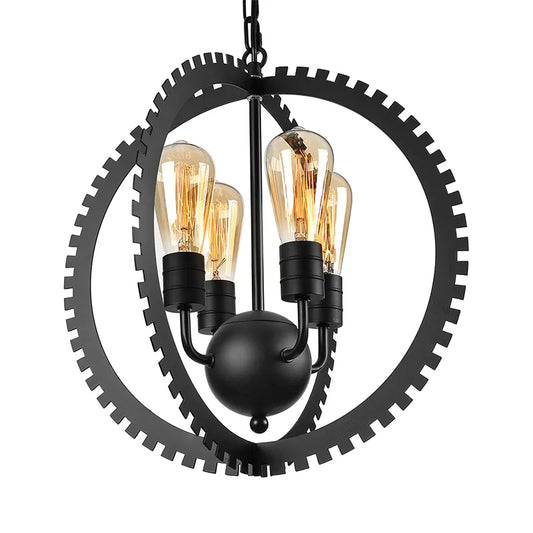4 Heads Circle Frame Chandelier Light Fixture Rustic Industrial Black/Rust Iron Ceiling Lighting with Gear Design Clearhalo 'Cast Iron' 'Ceiling Lights' 'Chandeliers' 'Industrial Chandeliers' 'Industrial' 'Metal' 'Middle Century Chandeliers' 'Rustic Chandeliers' 'Tiffany' Lighting' 601398