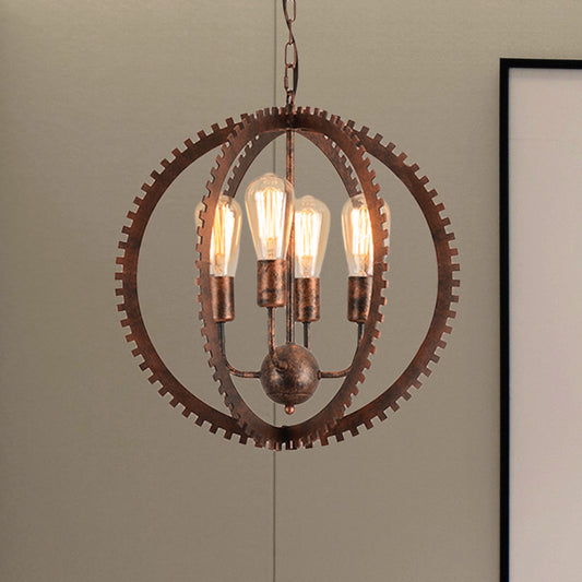 4 Heads Circle Frame Chandelier Light Fixture Rustic Industrial Black/Rust Iron Ceiling Lighting with Gear Design Rust Clearhalo 'Cast Iron' 'Ceiling Lights' 'Chandeliers' 'Industrial Chandeliers' 'Industrial' 'Metal' 'Middle Century Chandeliers' 'Rustic Chandeliers' 'Tiffany' Lighting' 601400