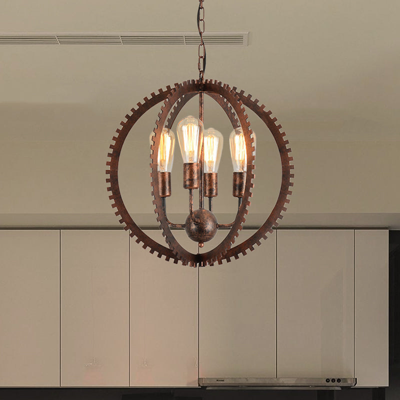 4 Heads Circle Frame Chandelier Light Fixture Rustic Industrial Black/Rust Iron Ceiling Lighting with Gear Design Clearhalo 'Cast Iron' 'Ceiling Lights' 'Chandeliers' 'Industrial Chandeliers' 'Industrial' 'Metal' 'Middle Century Chandeliers' 'Rustic Chandeliers' 'Tiffany' Lighting' 601401