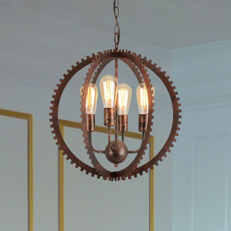4 Heads Circle Frame Chandelier Light Fixture Rustic Industrial Black/Rust Iron Ceiling Lighting with Gear Design Clearhalo 'Cast Iron' 'Ceiling Lights' 'Chandeliers' 'Industrial Chandeliers' 'Industrial' 'Metal' 'Middle Century Chandeliers' 'Rustic Chandeliers' 'Tiffany' Lighting' 601402