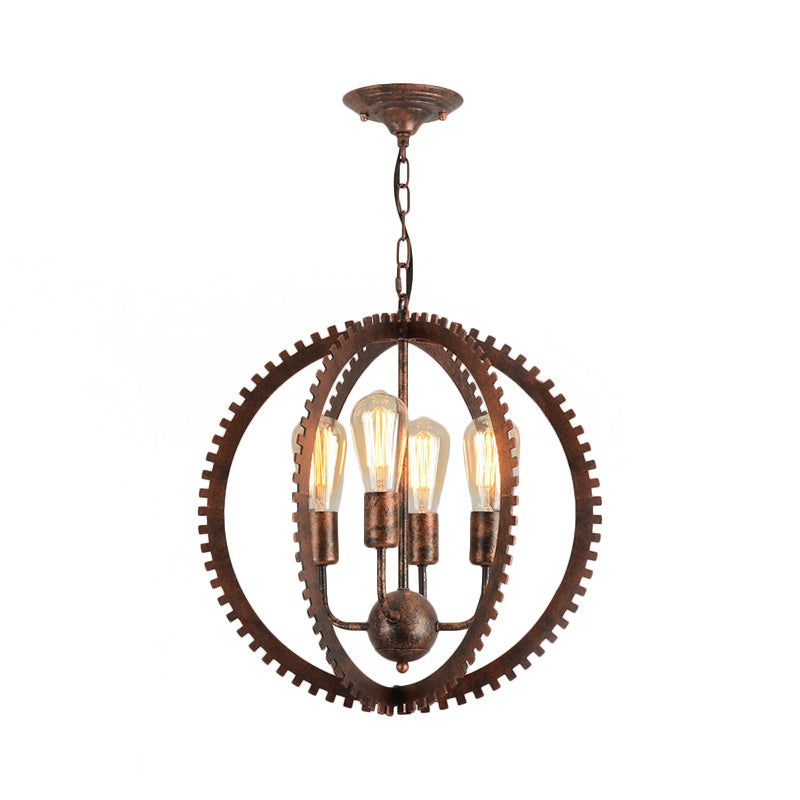 4 Heads Circle Frame Chandelier Light Fixture Rustic Industrial Black/Rust Iron Ceiling Lighting with Gear Design Clearhalo 'Cast Iron' 'Ceiling Lights' 'Chandeliers' 'Industrial Chandeliers' 'Industrial' 'Metal' 'Middle Century Chandeliers' 'Rustic Chandeliers' 'Tiffany' Lighting' 601403