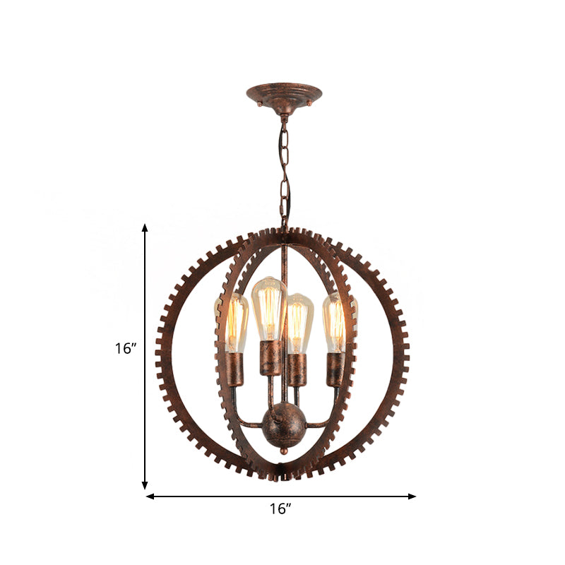 4 Heads Circle Frame Chandelier Light Fixture Rustic Industrial Black/Rust Iron Ceiling Lighting with Gear Design Clearhalo 'Cast Iron' 'Ceiling Lights' 'Chandeliers' 'Industrial Chandeliers' 'Industrial' 'Metal' 'Middle Century Chandeliers' 'Rustic Chandeliers' 'Tiffany' Lighting' 601404