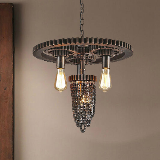 4 Lights Chandelier Lamp Vintage Style Gear Design Iron Pendant Lighting with Exposed Bulb in Bronze Clearhalo 'Cast Iron' 'Ceiling Lights' 'Chandeliers' 'Industrial Chandeliers' 'Industrial' 'Metal' 'Middle Century Chandeliers' 'Rustic Chandeliers' 'Tiffany' Lighting' 601406