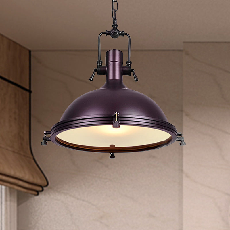Industrial Dome Hanging Lamp 1 Light Metal Ceiling Light with Frosted Diffuser in Black/White/Purple for Dining Room Clearhalo 'Art Deco Pendants' 'Black' 'Cast Iron' 'Ceiling Lights' 'Ceramic' 'Crystal' 'Industrial Pendants' 'Industrial' 'Metal' 'Middle Century Pendants' 'Pendant Lights' 'Pendants' 'Rustic Pendants' 'Tiffany' Lighting' 601426