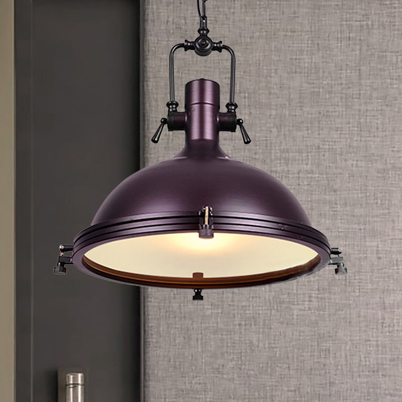 Industrial Dome Hanging Lamp 1 Light Metal Ceiling Light with Frosted Diffuser in Black/White/Purple for Dining Room Clearhalo 'Art Deco Pendants' 'Black' 'Cast Iron' 'Ceiling Lights' 'Ceramic' 'Crystal' 'Industrial Pendants' 'Industrial' 'Metal' 'Middle Century Pendants' 'Pendant Lights' 'Pendants' 'Rustic Pendants' 'Tiffany' Lighting' 601427