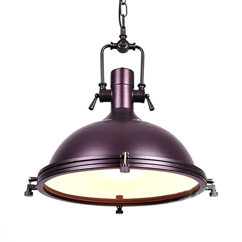Industrial Dome Hanging Lamp 1 Light Metal Ceiling Light with Frosted Diffuser in Black/White/Purple for Dining Room Clearhalo 'Art Deco Pendants' 'Black' 'Cast Iron' 'Ceiling Lights' 'Ceramic' 'Crystal' 'Industrial Pendants' 'Industrial' 'Metal' 'Middle Century Pendants' 'Pendant Lights' 'Pendants' 'Rustic Pendants' 'Tiffany' Lighting' 601428