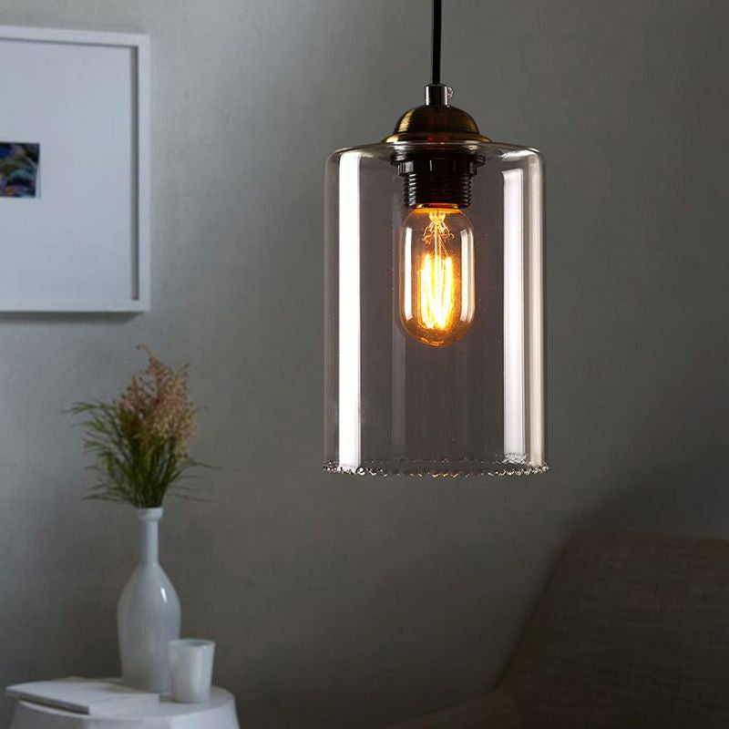 Black Cylinder Ceiling Light Industrial Clear Glass 1 Light Coffee Shop Pendant Lighting Fixture Clearhalo 'Ceiling Lights' 'Glass shade' 'Glass' 'Industrial Pendants' 'Industrial' 'Middle Century Pendants' 'Pendant Lights' 'Pendants' 'Tiffany' Lighting' 601479