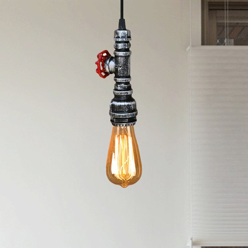 Farmhouse Style Pipe Hanging Lamp 1 Bulb Wrought Iron Hanging Light Fixture with Red Valve in Black/Silver/Brass Clearhalo 'Art Deco Pendants' 'Black' 'Cast Iron' 'Ceiling Lights' 'Ceramic' 'Crystal' 'Industrial Pendants' 'Industrial' 'Metal' 'Middle Century Pendants' 'Pendant Lights' 'Pendants' 'Rustic Pendants' 'Tiffany' Lighting' 601491