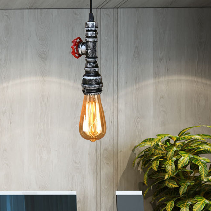 Farmhouse Style Pipe Hanging Lamp 1 Bulb Wrought Iron Hanging Light Fixture with Red Valve in Black/Silver/Brass Clearhalo 'Art Deco Pendants' 'Black' 'Cast Iron' 'Ceiling Lights' 'Ceramic' 'Crystal' 'Industrial Pendants' 'Industrial' 'Metal' 'Middle Century Pendants' 'Pendant Lights' 'Pendants' 'Rustic Pendants' 'Tiffany' Lighting' 601492