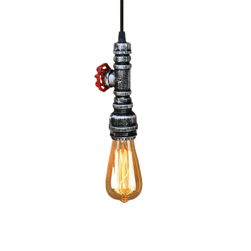 Farmhouse Style Pipe Hanging Lamp 1 Bulb Wrought Iron Hanging Light Fixture with Red Valve in Black/Silver/Brass Clearhalo 'Art Deco Pendants' 'Black' 'Cast Iron' 'Ceiling Lights' 'Ceramic' 'Crystal' 'Industrial Pendants' 'Industrial' 'Metal' 'Middle Century Pendants' 'Pendant Lights' 'Pendants' 'Rustic Pendants' 'Tiffany' Lighting' 601493