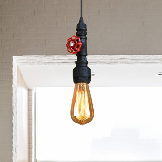 Farmhouse Style Pipe Hanging Lamp 1 Bulb Wrought Iron Hanging Light Fixture with Red Valve in Black/Silver/Brass Black Clearhalo 'Art Deco Pendants' 'Black' 'Cast Iron' 'Ceiling Lights' 'Ceramic' 'Crystal' 'Industrial Pendants' 'Industrial' 'Metal' 'Middle Century Pendants' 'Pendant Lights' 'Pendants' 'Rustic Pendants' 'Tiffany' Lighting' 601494