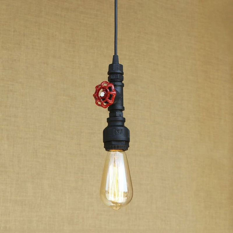 Farmhouse Style Pipe Hanging Lamp 1 Bulb Wrought Iron Hanging Light Fixture with Red Valve in Black/Silver/Brass Clearhalo 'Art Deco Pendants' 'Black' 'Cast Iron' 'Ceiling Lights' 'Ceramic' 'Crystal' 'Industrial Pendants' 'Industrial' 'Metal' 'Middle Century Pendants' 'Pendant Lights' 'Pendants' 'Rustic Pendants' 'Tiffany' Lighting' 601495