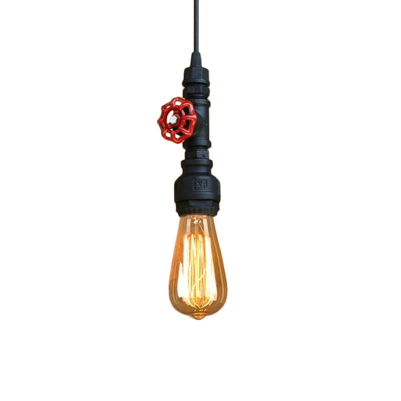 Farmhouse Style Pipe Hanging Lamp 1 Bulb Wrought Iron Hanging Light Fixture with Red Valve in Black/Silver/Brass Clearhalo 'Art Deco Pendants' 'Black' 'Cast Iron' 'Ceiling Lights' 'Ceramic' 'Crystal' 'Industrial Pendants' 'Industrial' 'Metal' 'Middle Century Pendants' 'Pendant Lights' 'Pendants' 'Rustic Pendants' 'Tiffany' Lighting' 601497