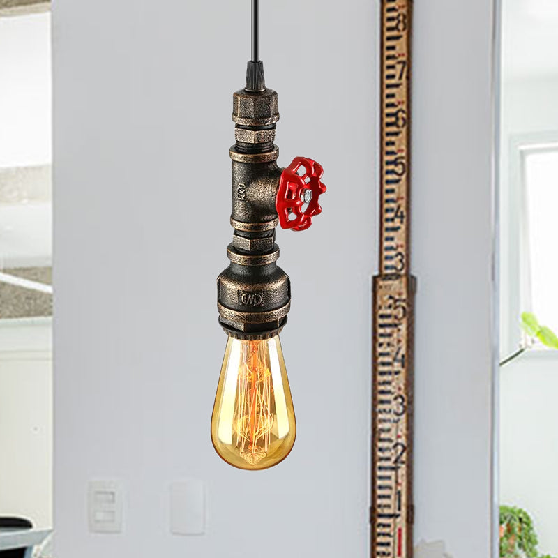 Farmhouse Style Pipe Hanging Lamp 1 Bulb Wrought Iron Hanging Light Fixture with Red Valve in Black/Silver/Brass Brass Clearhalo 'Art Deco Pendants' 'Black' 'Cast Iron' 'Ceiling Lights' 'Ceramic' 'Crystal' 'Industrial Pendants' 'Industrial' 'Metal' 'Middle Century Pendants' 'Pendant Lights' 'Pendants' 'Rustic Pendants' 'Tiffany' Lighting' 601498