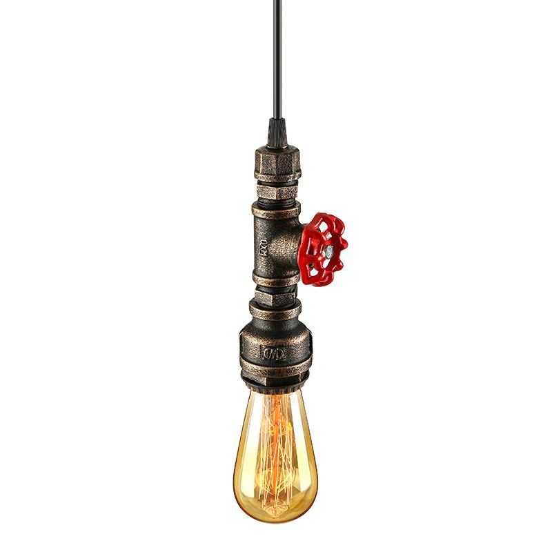 Farmhouse Style Pipe Hanging Lamp 1 Bulb Wrought Iron Hanging Light Fixture with Red Valve in Black/Silver/Brass Clearhalo 'Art Deco Pendants' 'Black' 'Cast Iron' 'Ceiling Lights' 'Ceramic' 'Crystal' 'Industrial Pendants' 'Industrial' 'Metal' 'Middle Century Pendants' 'Pendant Lights' 'Pendants' 'Rustic Pendants' 'Tiffany' Lighting' 601500